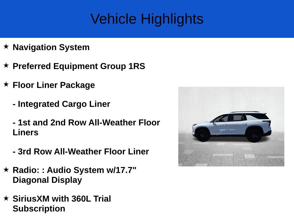 New 2026 Chevrolet Traverse RS w/ LPO, Floor Liner Package FWD image 2