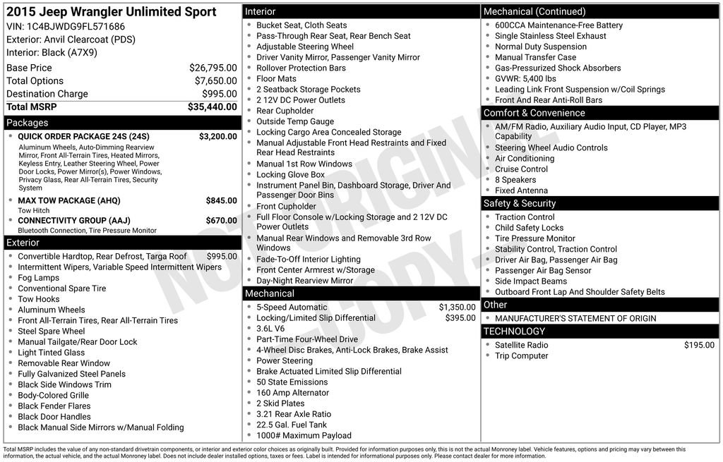 Used 2015 Jeep Wrangler Unlimited Sport w/ Quick Order Package 24S AWD/4WD image 34