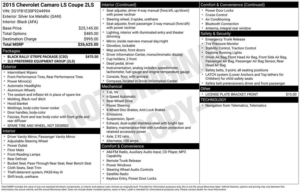 Used 2015 Chevrolet Camaro LS w/ Black Rally Stripe Package image 2