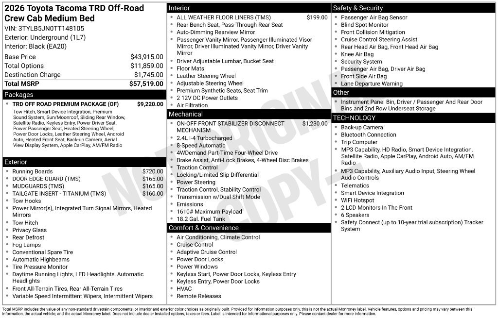 New 2026 Toyota Tacoma TRD Off-Road w/ TRD Off Road Premium Package AWD/4WD image 4