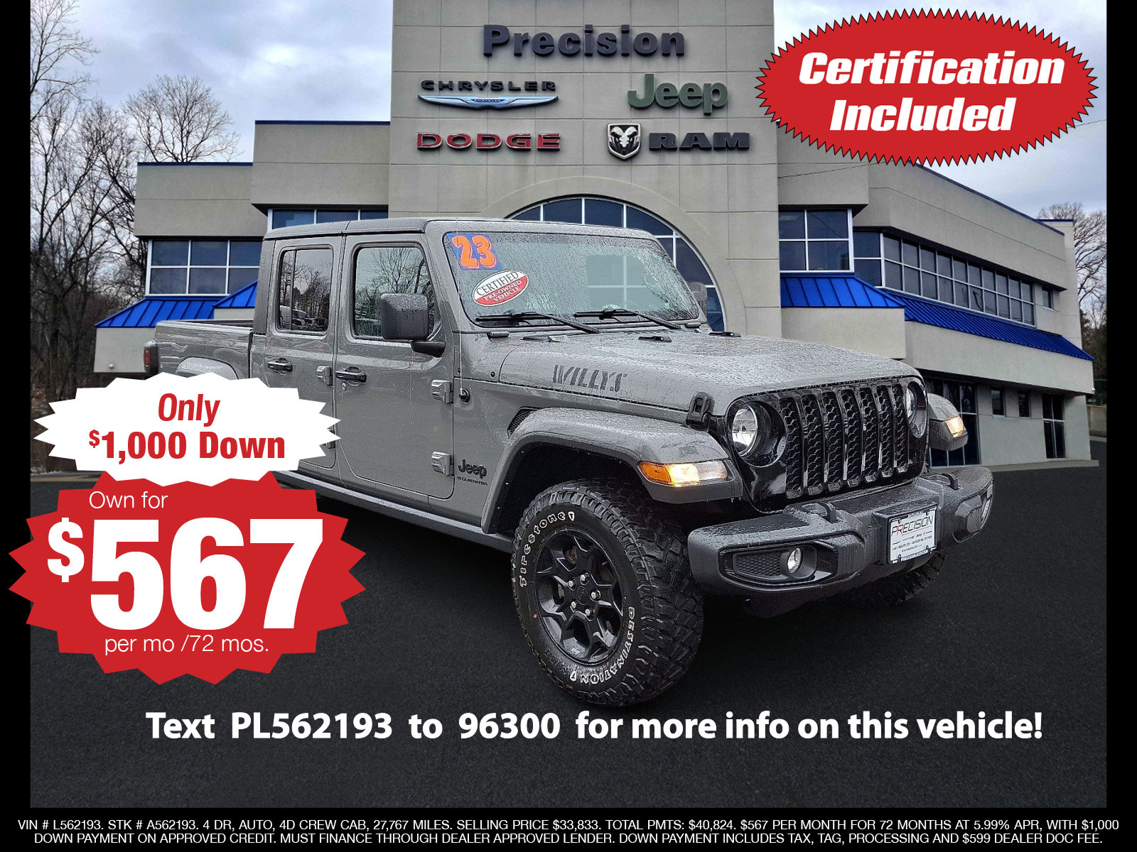 Certified 2023 Jeep Gladiator Willys