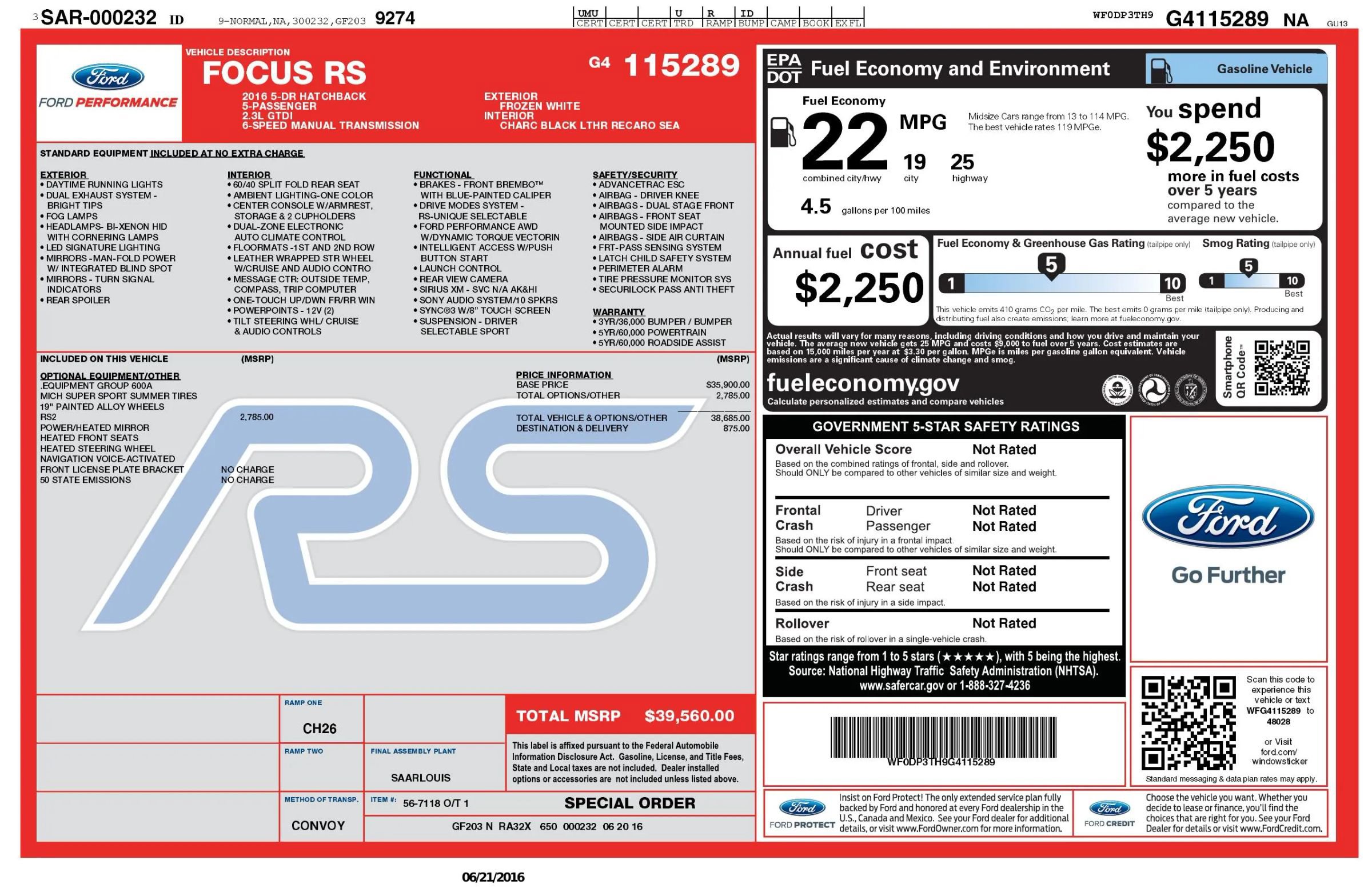 Used 2016 Ford Focus RS AWD/4WD image 2