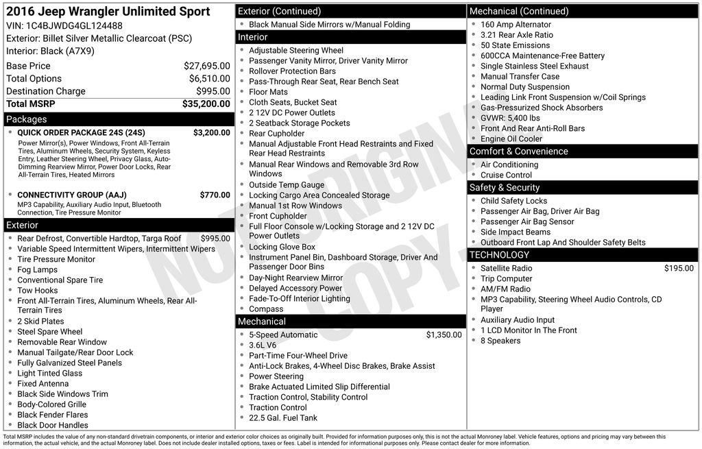 Used 2016 Jeep Wrangler Unlimited Sport w/ Quick Order Package 24S AWD/4WD image 32