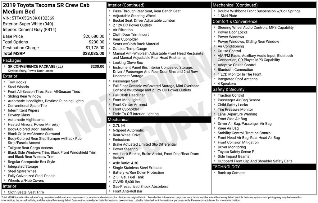 Used 2019 Toyota Tacoma SR w/ SR Convenience Package RWD image 3