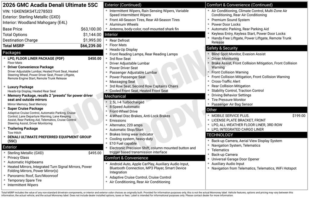 New 2026 GMC Acadia Denali Ultimate w/ LPO, Floor Liner Package FWD image 9