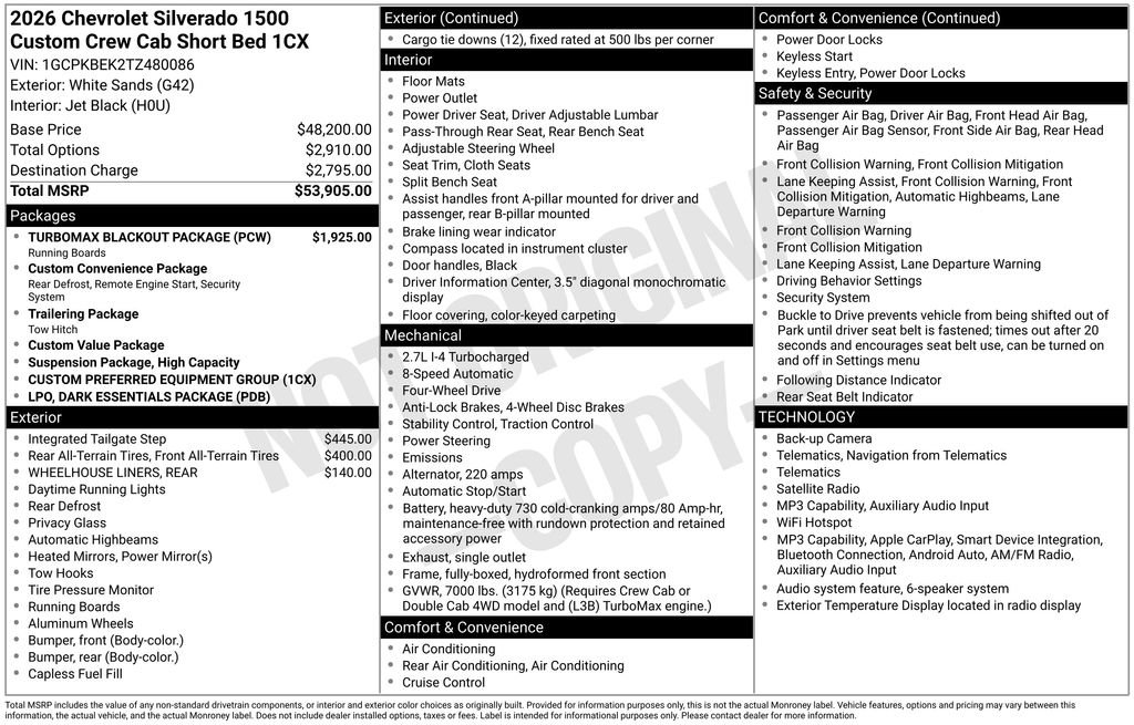 New 2026 Chevrolet Silverado 1500 Custom w/ Turbomax Blackout Package AWD/4WD image 2