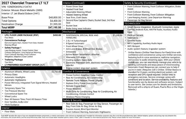 New 2027 Chevrolet Traverse LT w/ LPO, Floor Liner Package FWD image 37