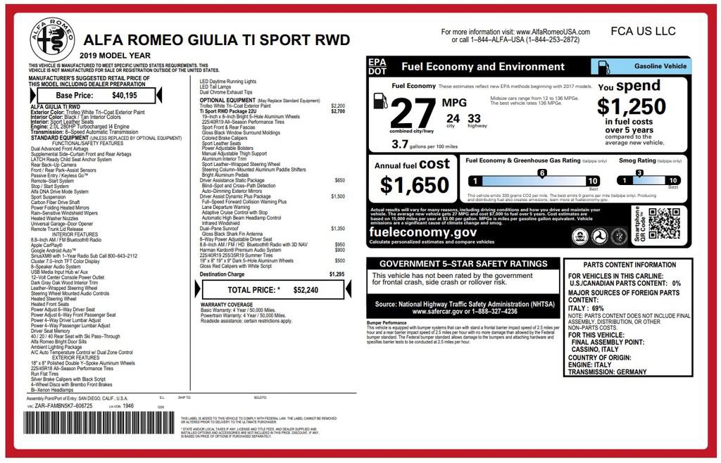 Used 2019 Alfa Romeo Giulia Ti Sport w/ Quick Order Package 22U Sport RWD image 3