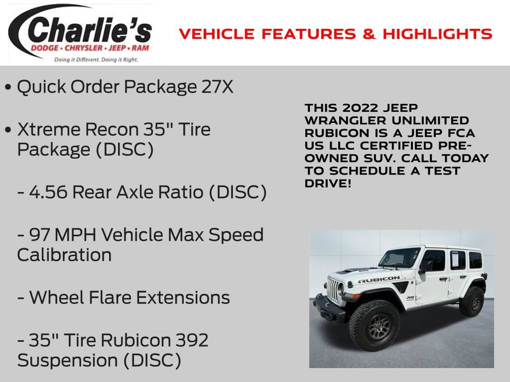 Certified 2022 Jeep Wrangler Unlimited Rubicon w/ Xtreme Recon 35" Tire Package AWD/4WD image 7