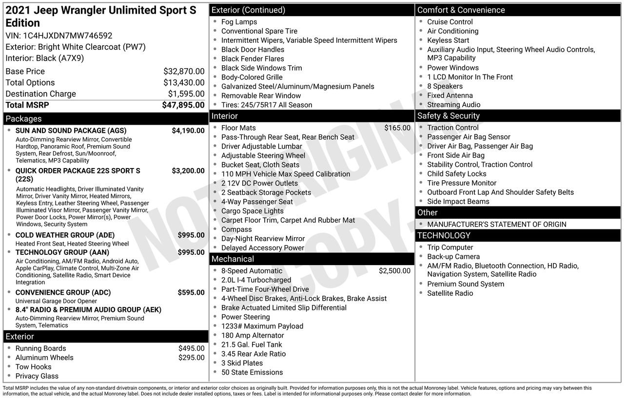 Used 2021 Jeep Wrangler Unlimited Sport w/ Sun And Sound Package image 37