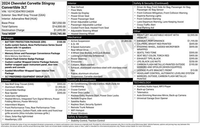 Used 2024 Chevrolet Corvette Stingray Premium Conv w/ Battery Protection Package RWD image 32