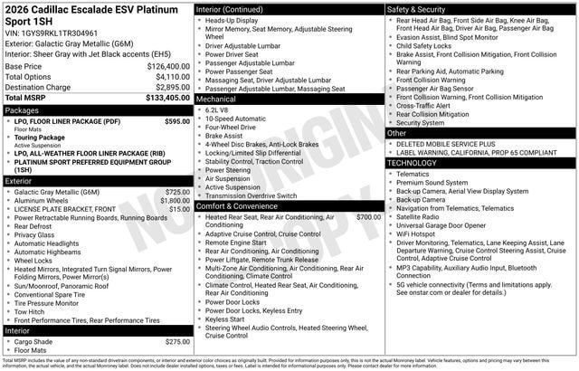 New 2026 Cadillac Escalade ESV Platinum Sport w/ LPO, Floor Liner Package AWD/4WD image 31