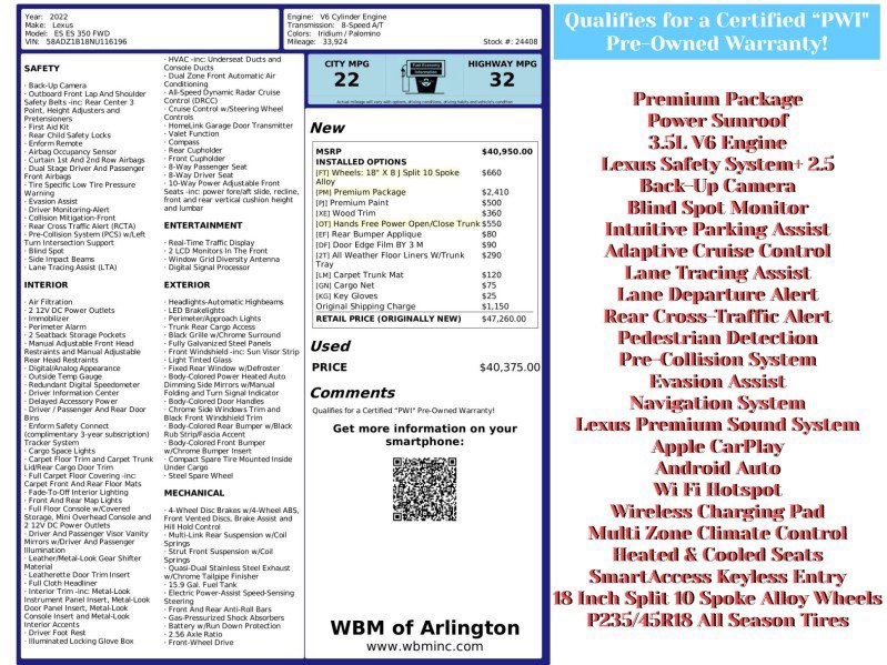 Used 2022 Lexus ES 350 w/ Premium Package image 2