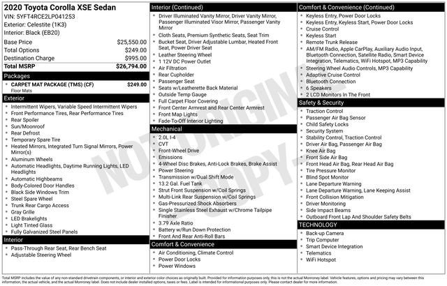 Used 2020 Toyota Corolla XSE w/ Carpet Mat Package (TMS) FWD image 3