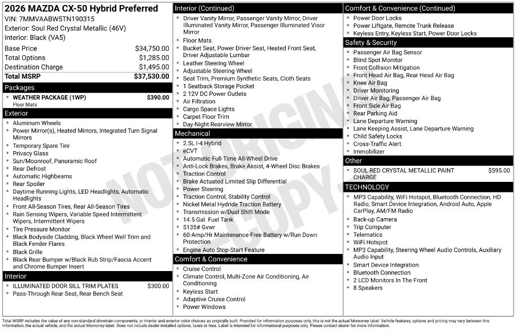 New 2026 MAZDA CX-50 2.5 Hybrid w/ Weather Package AWD/4WD image 10