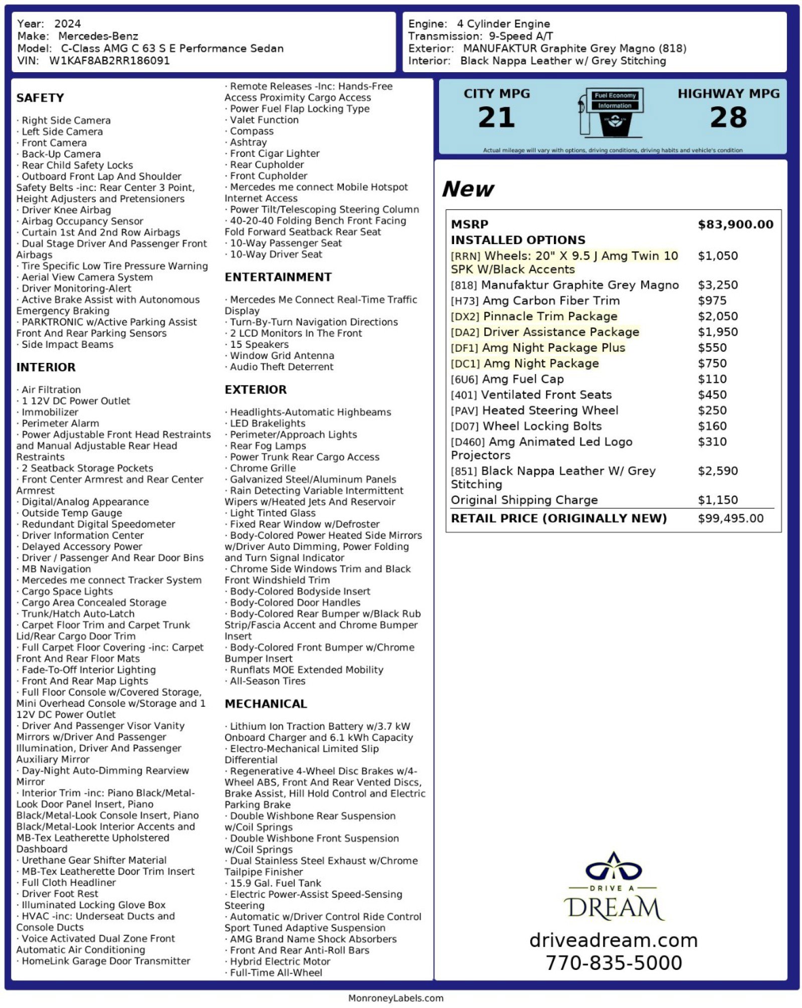 Used 2024 Mercedes-Benz C 63 AMG S w/ Pinnacle Trim Package image 70