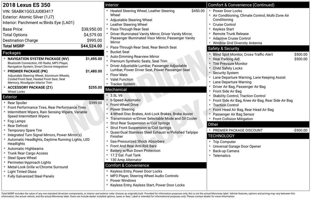 Used 2018 Lexus ES 350 w/ Navigation System Package image 2