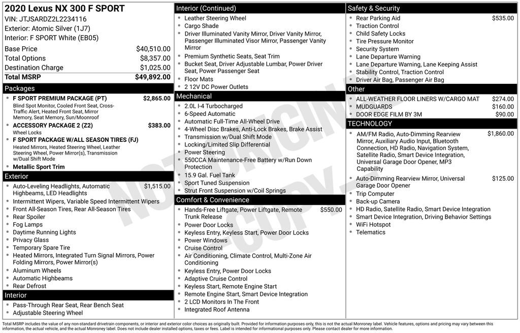 Used 2020 Lexus NX 300 F Sport w/ F Sport Premium Package image 2
