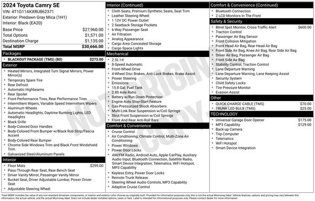 Used 2024 Toyota Camry SE w/ Blackout Package (TMS) FWD image 5