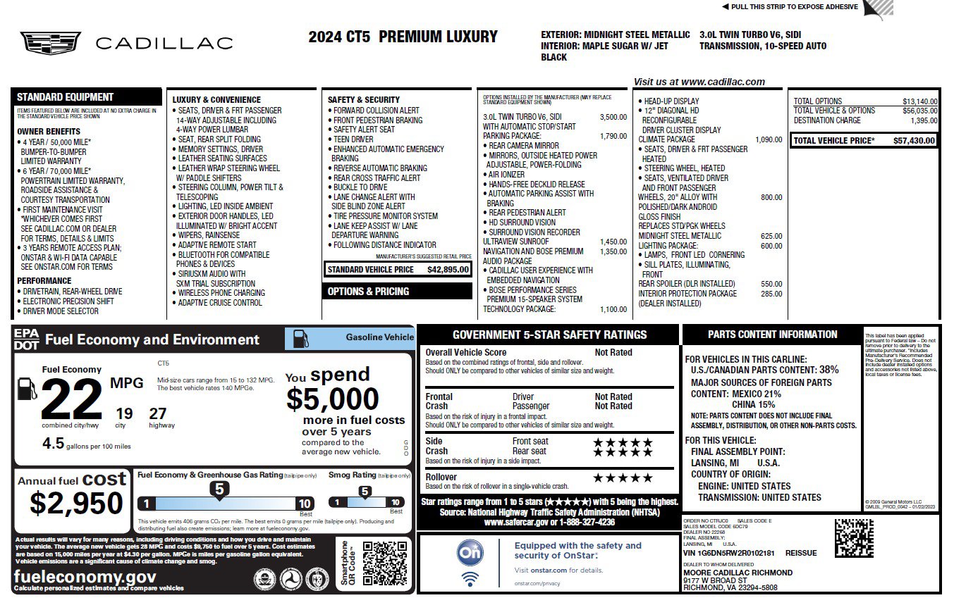Used 2024 Cadillac CT5 Premium Luxury w/ Parking Package RWD image 3