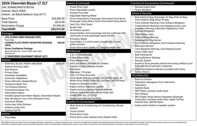 New 2026 Chevrolet Blazer LT w/ LPO, Floor Liner Package FWD image 34
