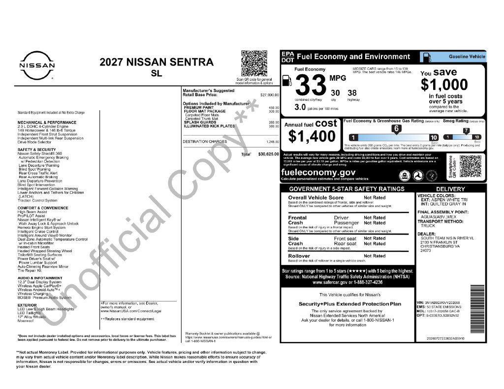 New 2027 Nissan Sentra SL w/ Floor Mat Package FWD image 2