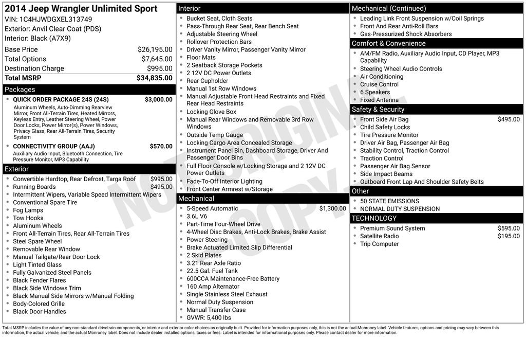 Used 2014 Jeep Wrangler Unlimited Sport w/ Quick Order Package 24S AWD/4WD image 6