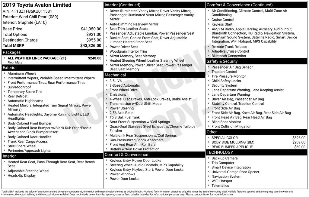 Used 2019 Toyota Avalon Limited w/ All Weather Liner Package image 4