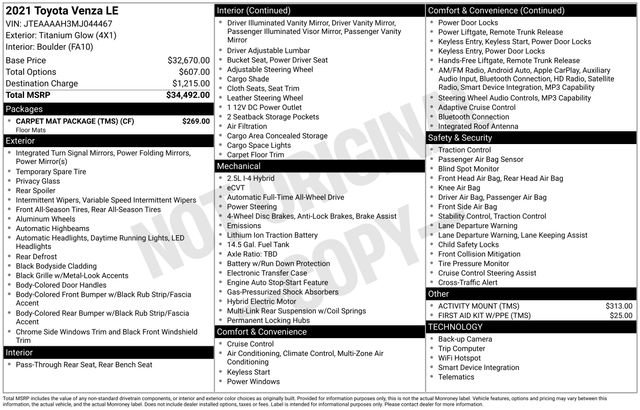 Used 2021 Toyota Venza LE w/ Carpet Mat Package (TMS) AWD/4WD image 33