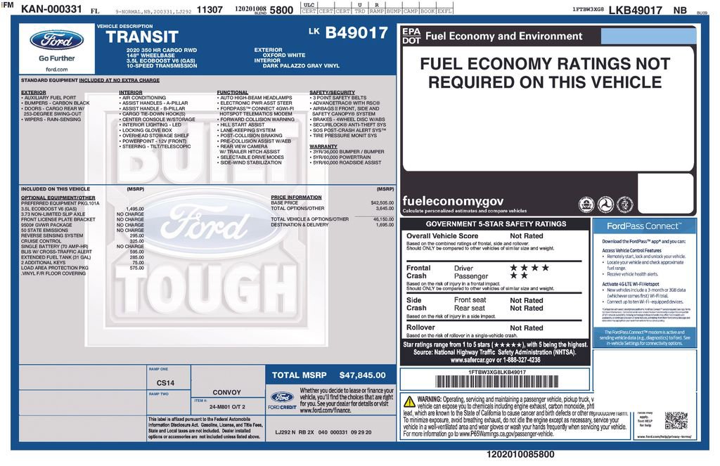 Used 2020 Ford Transit 350 148 High Roof Extended w/ Load Area Protection Package image 15