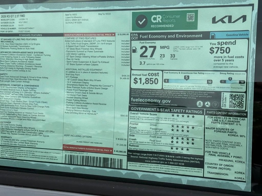 New 2026 Kia K5 GT w/ GT1 Package FWD image 24