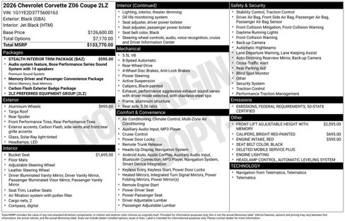 New 2026 Chevrolet Corvette Z06 w/ Stealth Interior Trim Package image 1