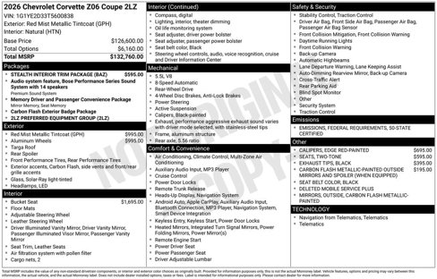 New 2026 Chevrolet Corvette Z06 w/ Stealth Interior Trim Package image 1