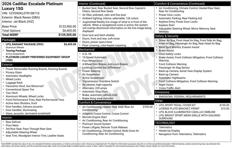 New 2026 Cadillac Escalade Platinum Luxury w/ LPO, Radiant Package image 1