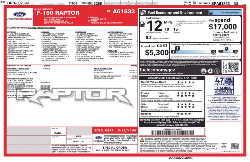New 2025 Ford F150 Raptor w/ Equipment Group 803A Raptor R image 1