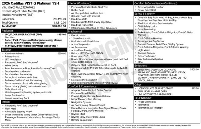 New 2026 Cadillac Vistiq Platinum w/ LPO, Floor Liner Package image 1