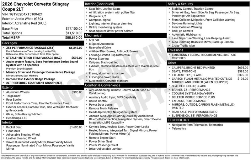 New 2026 Chevrolet Corvette Stingray Preferred Cpe w/ Z51 Performance Package image 1
